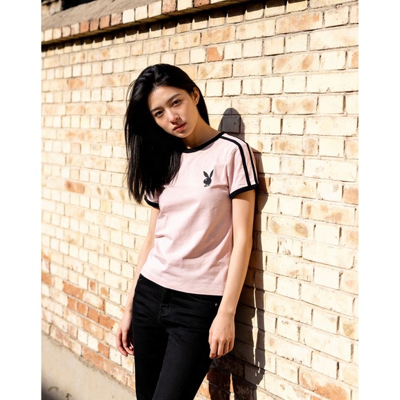 PLAYBOY Tops - Playboy Womens Pink Ringer T-Shirt Bunny Logo Athletic Stripe Short Sleeve M NEW